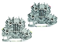 Push-in CAGE CLAMP® gray double-deck terminal block 1,00 mm² (Through terminal block L/L) without marker carrier for KNX applications. For DIN-rail 35 x 15 and 35 x 7.5